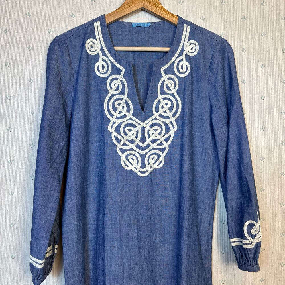 J McLaughlin Pansy Chambray Tunic Midi Dress XS Embroidered Side Slits Coastal - Picture 7 of 13